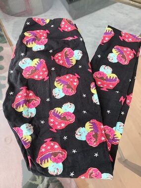LuLaRoe Black Leggings with Pink, Turquoise & Yellow Ice Cream Sundae Print